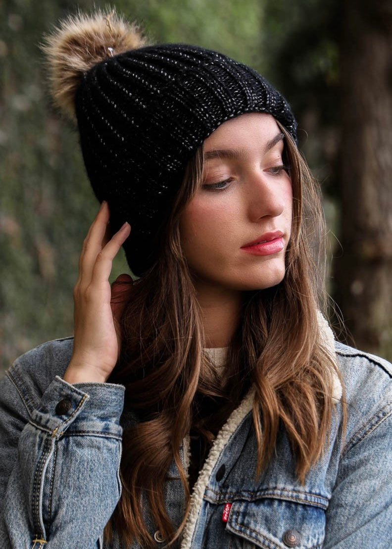 Metallic Rib Knit Pom Beanie