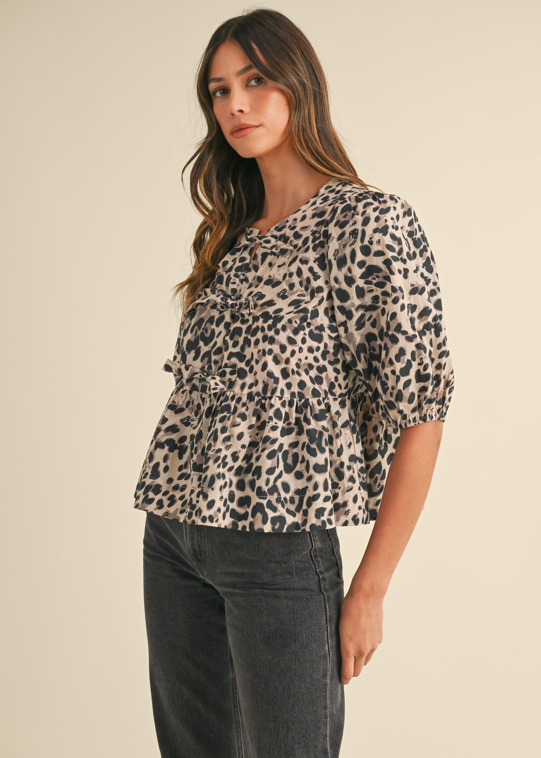 Carli Leopard Puff Sleeve Peplum Top