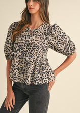 Load image into Gallery viewer, Carli Leopard Puff Sleeve Peplum Top
