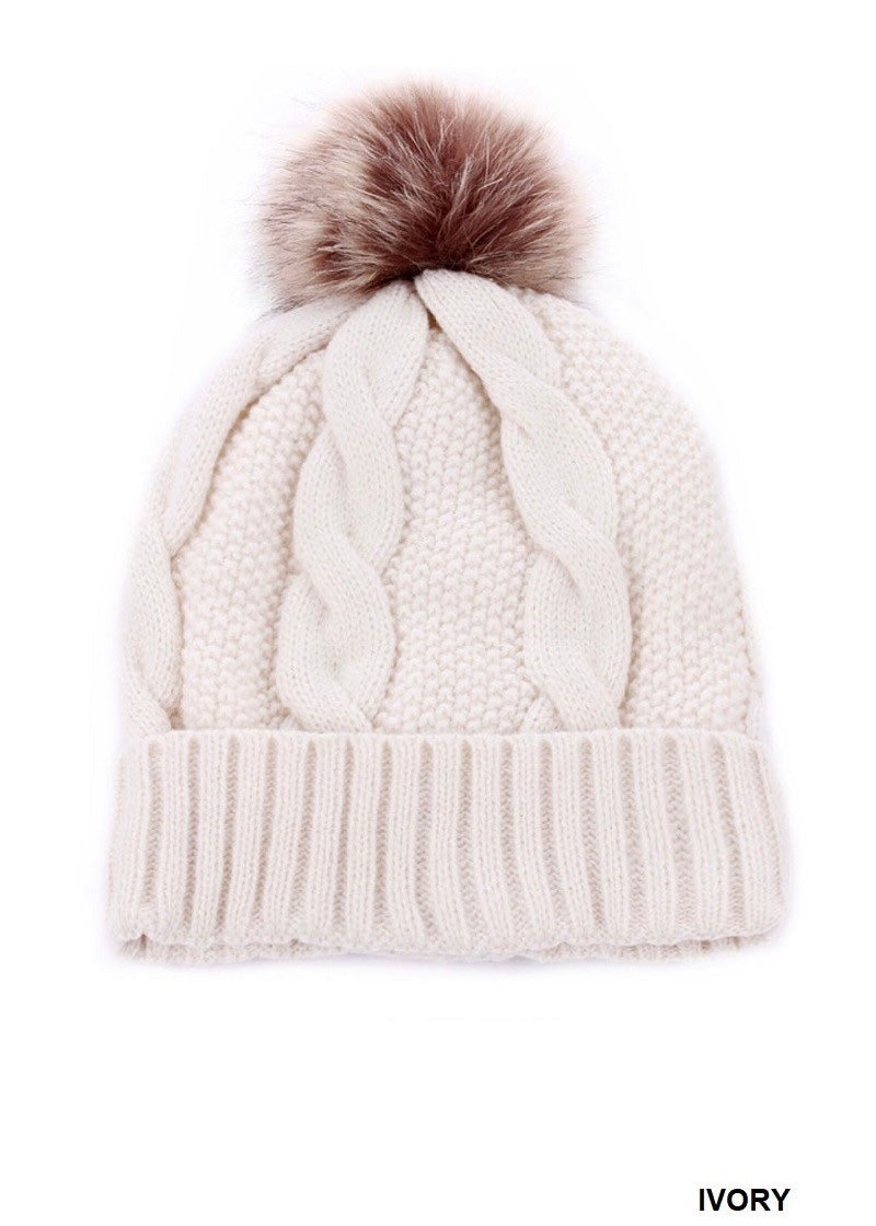 Cable Knit Pom Pom Lined Beanie